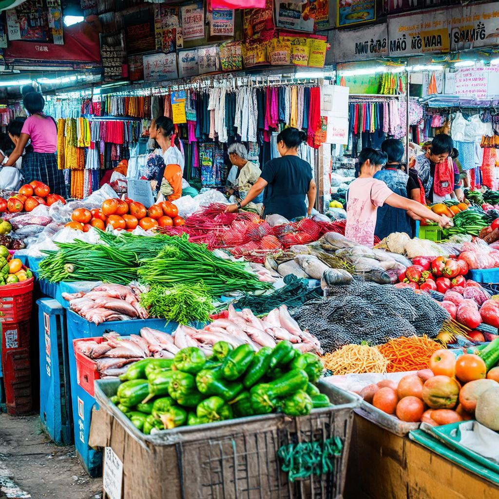 Các sạp hàng thực phẩm tươi sống và hàng tiêu dùng bình dân tại chợ Phạm Thế Hiển.